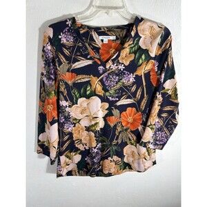 Chicos Black Fall Floral Cotton 3/4 Sleeve V-Neck Stretch Sz 1 Womens Medium